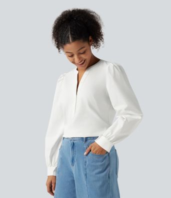 Lässige Bluse mit Henley-Ausschnitt und langen Puffärmeln