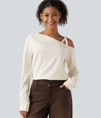 Haut gaufré asymétrique une épaule à manches longues et design croisé Haut gaufré asymétrique une épaule à manches longues et design croisé