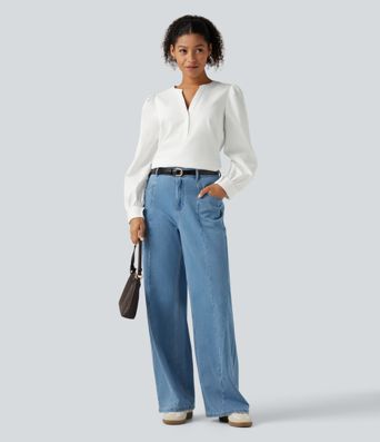 Lässige Bluse mit Henley-Ausschnitt und langen Puffärmeln