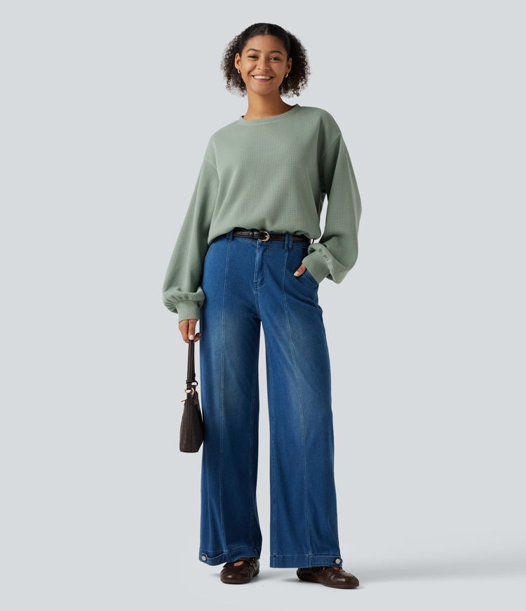 Round Neck Dropped Puff Long Sleeve Waffle Casual Top Round Neck Dropped Puff Long Sleeve Waffle Casual Top