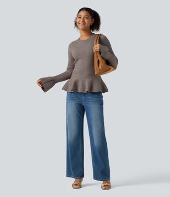 Taillierter Business-Pullover mit Rundhalsausschnitt, langen Ärmeln und Rüschenabschluss Taillierter Business-Pullover mit Rundhalsausschnitt, langen Ärmeln und Rüschenabschluss