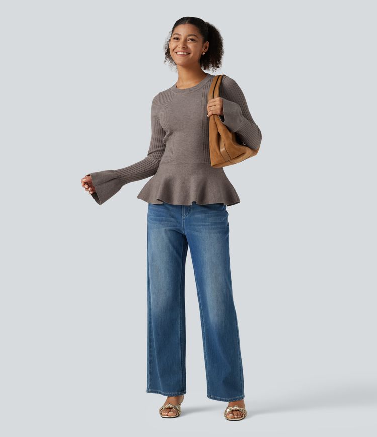 Taillierter Business-Pullover mit Rundhalsausschnitt, langen Ärmeln und Rüschenabschluss Taillierter Business-Pullover mit Rundhalsausschnitt, langen Ärmeln und Rüschenabschluss
