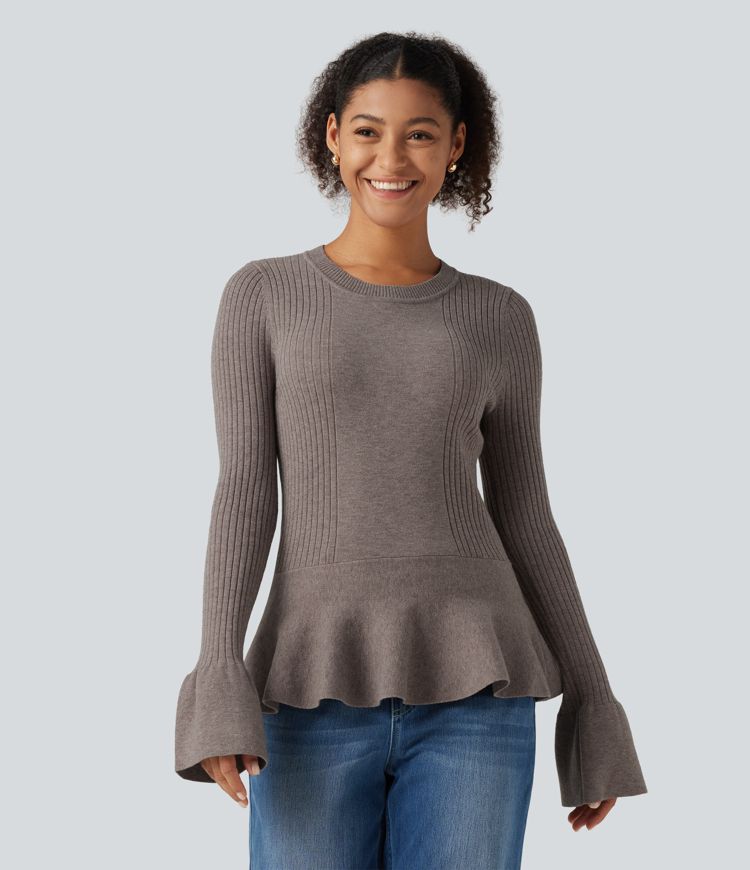 Taillierter Business-Pullover mit Rundhalsausschnitt, langen Ärmeln und Rüschenabschluss Taillierter Business-Pullover mit Rundhalsausschnitt, langen Ärmeln und Rüschenabschluss
