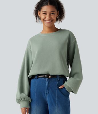 Round Neck Dropped Puff Long Sleeve Waffle Casual Top Round Neck Dropped Puff Long Sleeve Waffle Casual Top