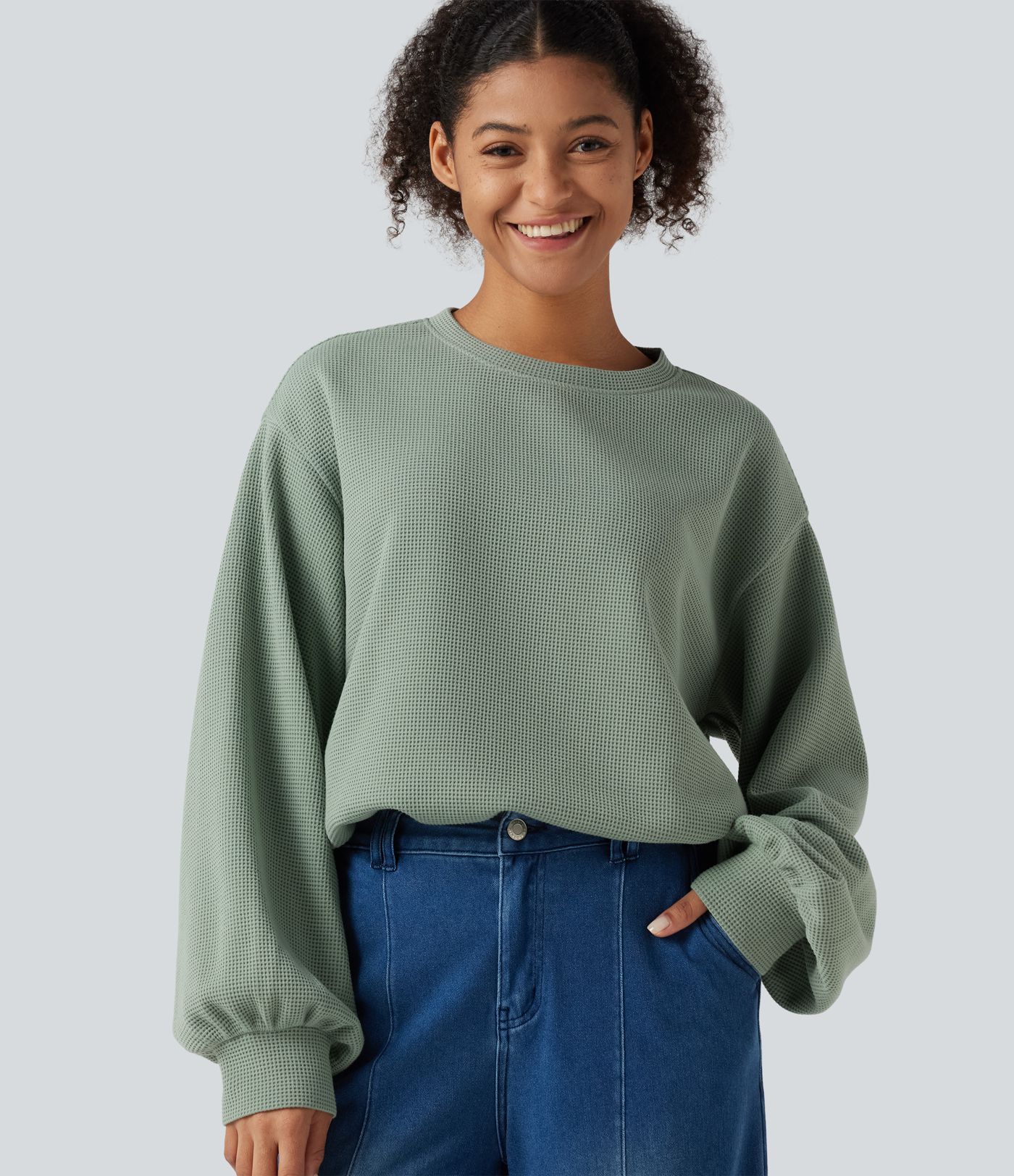 Round Neck Dropped Puff Long Sleeve Waffle Casual Top Round Neck Dropped Puff Long Sleeve Waffle Casual Top