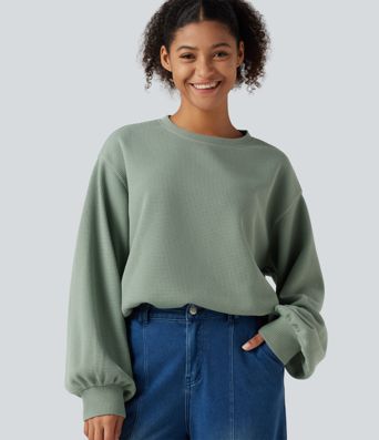 Round Neck Dropped Puff Long Sleeve Waffle Casual Top Round Neck Dropped Puff Long Sleeve Waffle Casual Top