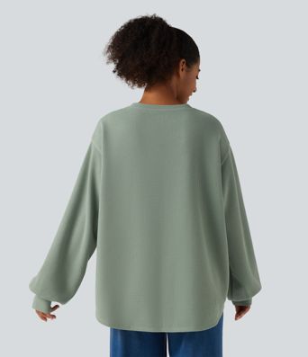 Round Neck Dropped Puff Long Sleeve Waffle Casual Top Round Neck Dropped Puff Long Sleeve Waffle Casual Top