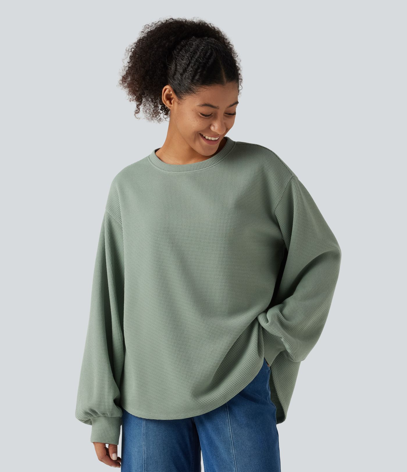 Round Neck Dropped Puff Long Sleeve Waffle Casual Top Round Neck Dropped Puff Long Sleeve Waffle Casual Top