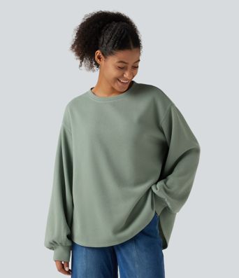Round Neck Dropped Puff Long Sleeve Waffle Casual Top Round Neck Dropped Puff Long Sleeve Waffle Casual Top