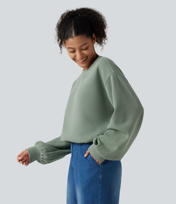 Round Neck Dropped Puff Long Sleeve Waffle Casual Top Round Neck Dropped Puff Long Sleeve Waffle Casual Top