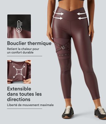 Legging en simili stretch doublé polaire taille haute croisée gainant avec poches Legging en simili stretch doublé polaire taille haute croisée gainant avec poches