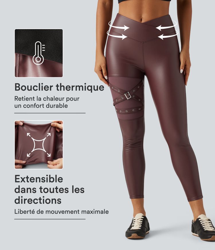 Legging en simili stretch doublé polaire taille haute croisée gainant avec poches Legging en simili stretch doublé polaire taille haute croisée gainant avec poches