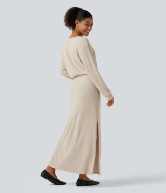 Ribbed Knit Boat Neck Long Sleeve Maxi Casual Dress