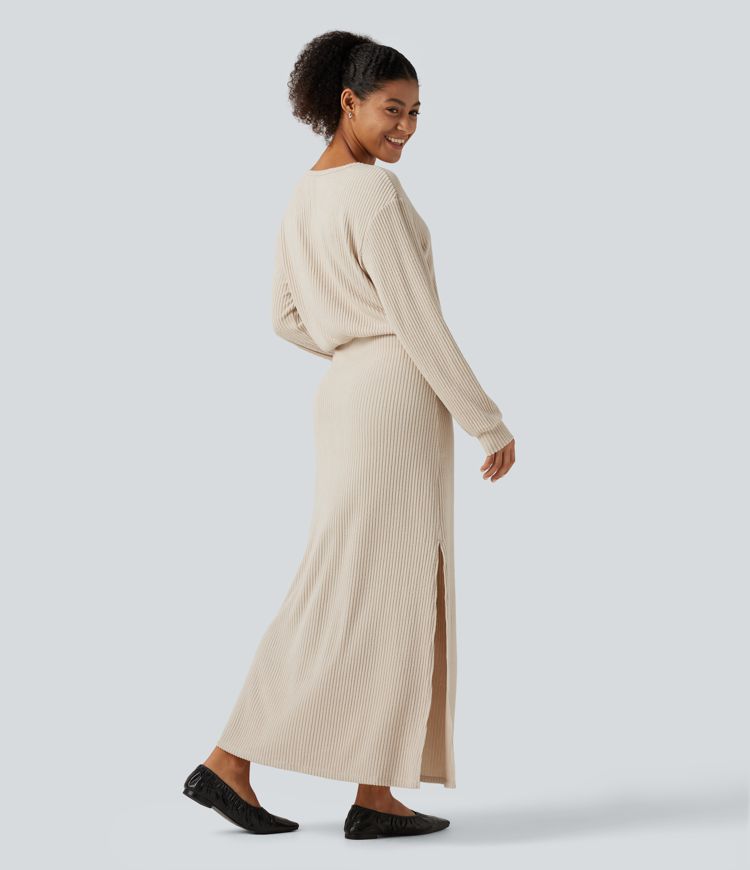 Ribbed Knit Boat Neck Long Sleeve Maxi Casual Dress
