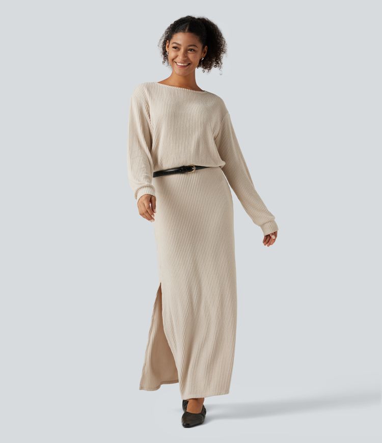 Ribbed Knit Boat Neck Long Sleeve Maxi Casual Dress