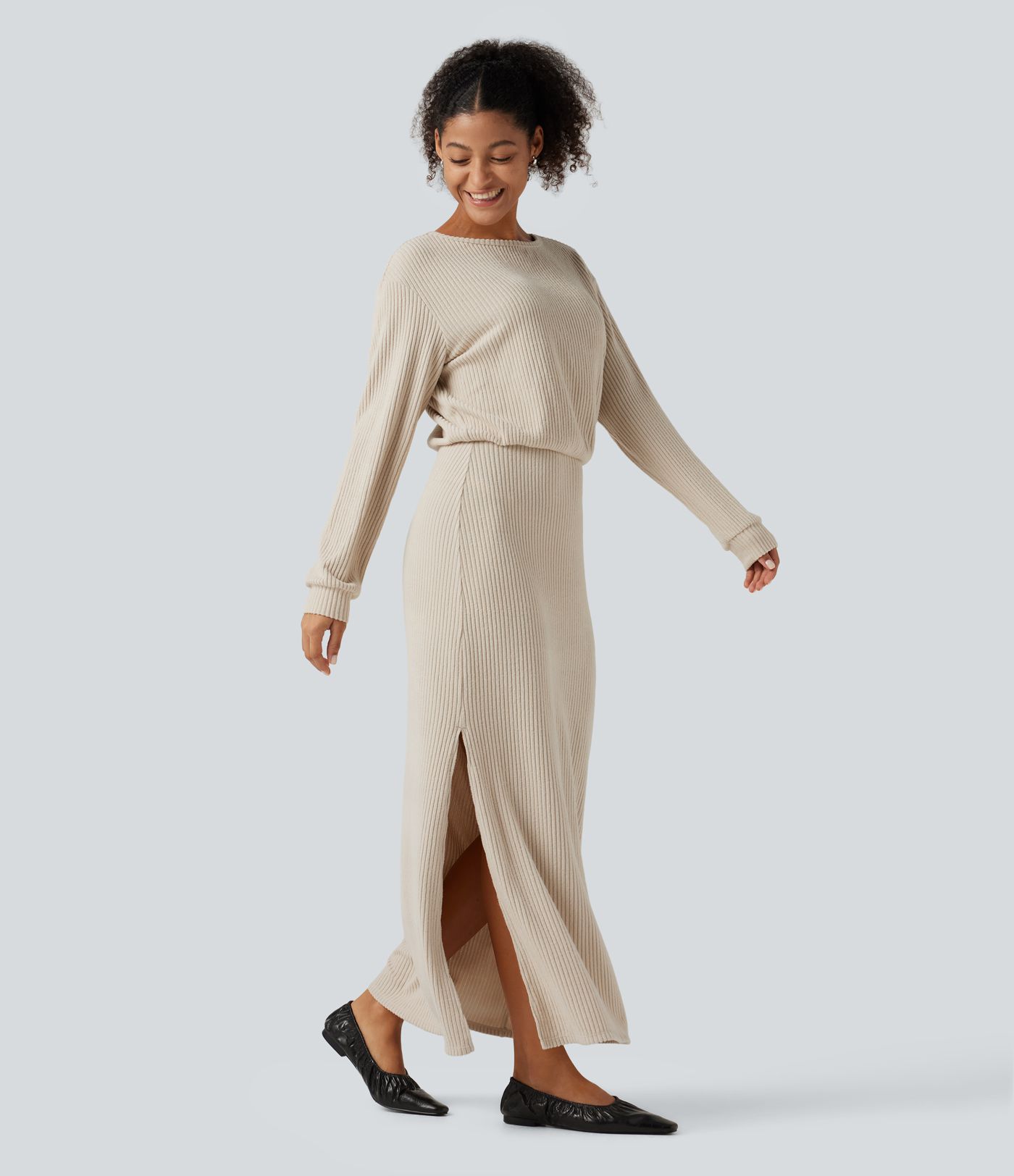 Ribbed Knit Boat Neck Long Sleeve Maxi Casual Dress