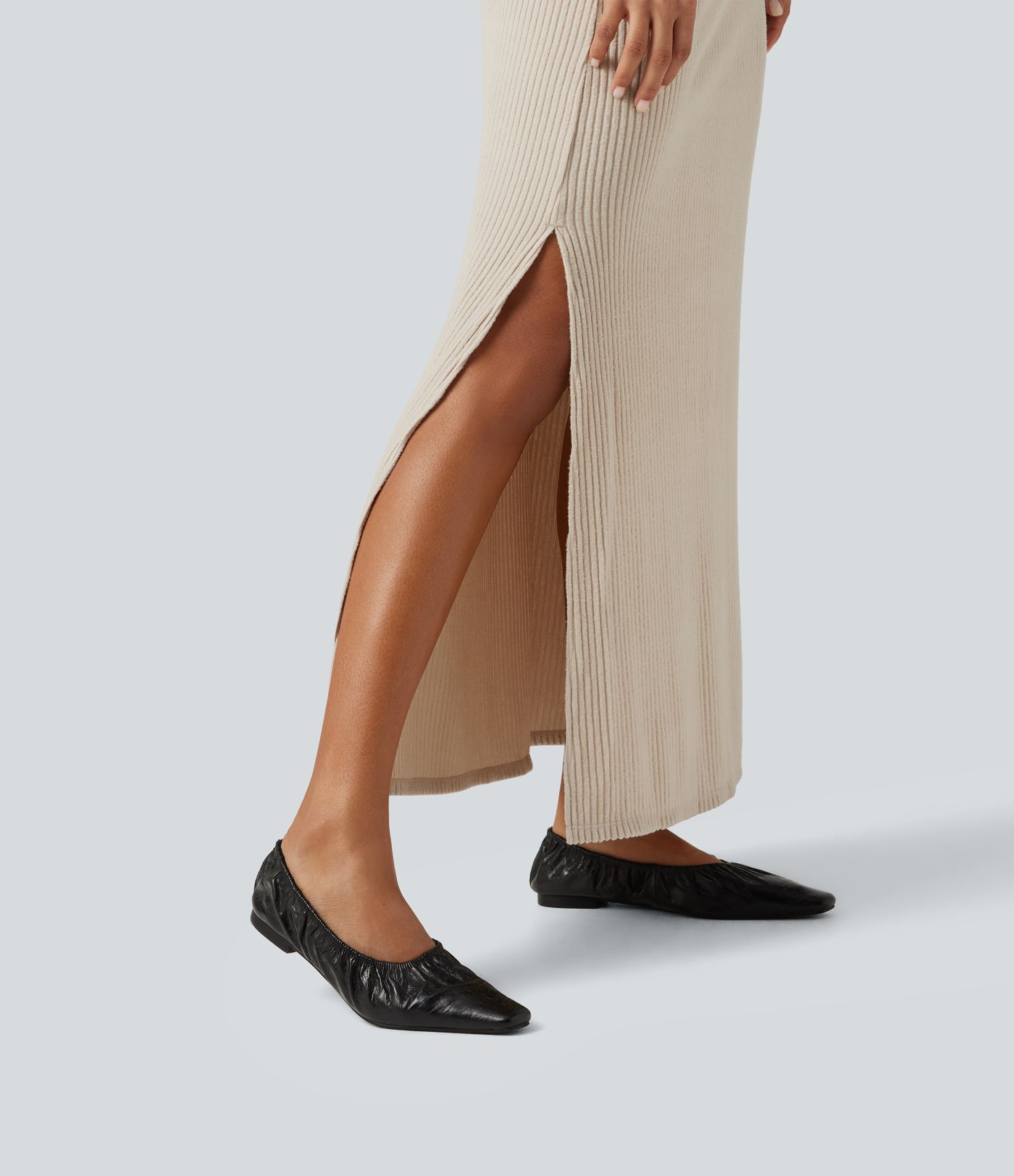 Ribbed Knit Boat Neck Long Sleeve Maxi Casual Dress