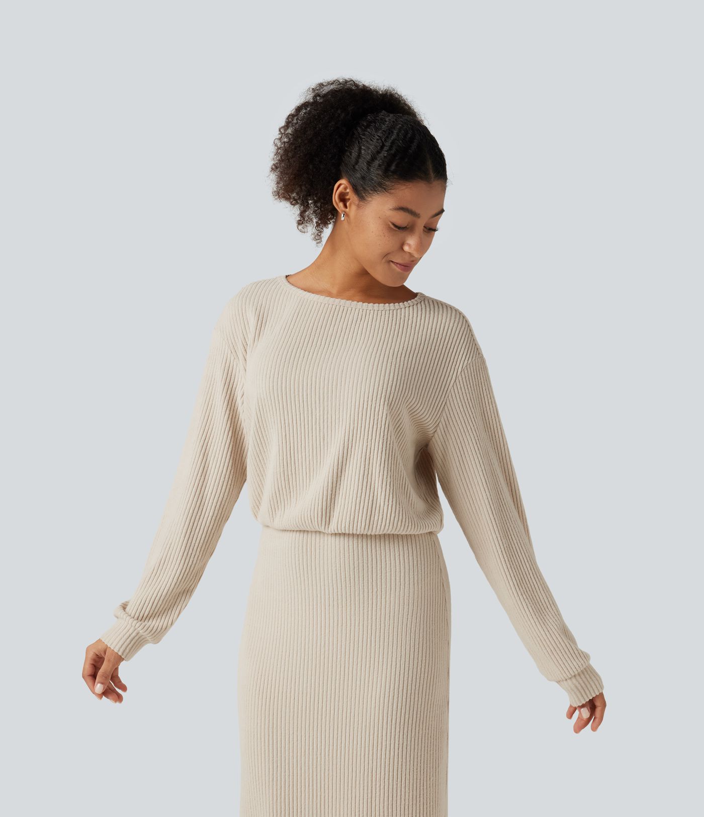 Ribbed Knit Boat Neck Long Sleeve Maxi Casual Dress
