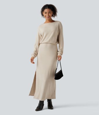 Ribbed Knit Boat Neck Long Sleeve Maxi Casual Dress