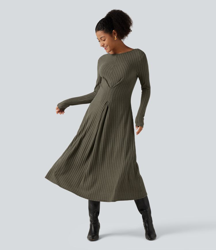 a line ribbed dress Halara Knit Boat Neck Long Sleeve V Back A-line Midi Casual Casual Dress - Wine Red Floral Yarn __with:acc1260_gold Size Conversion Size Length Garze Backless Maxi Dress Size:32GG