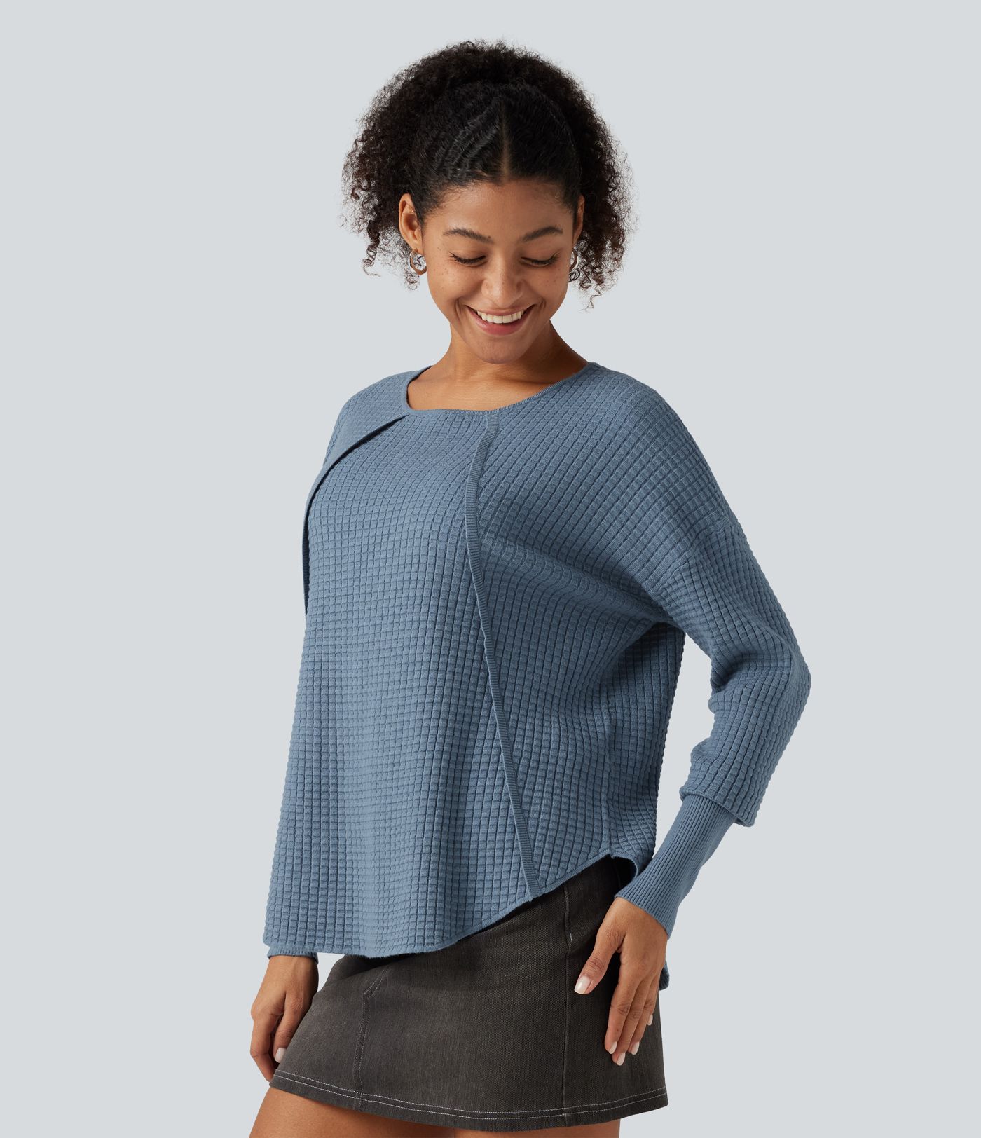 Round Neck Bishop Long Sleeve Curved Hem Casual Sweater Round Neck Bishop Long Sleeve Curved Hem Casual Sweater