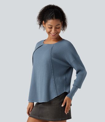 Round Neck Bishop Long Sleeve Curved Hem Casual Sweater Round Neck Bishop Long Sleeve Curved Hem Casual Sweater