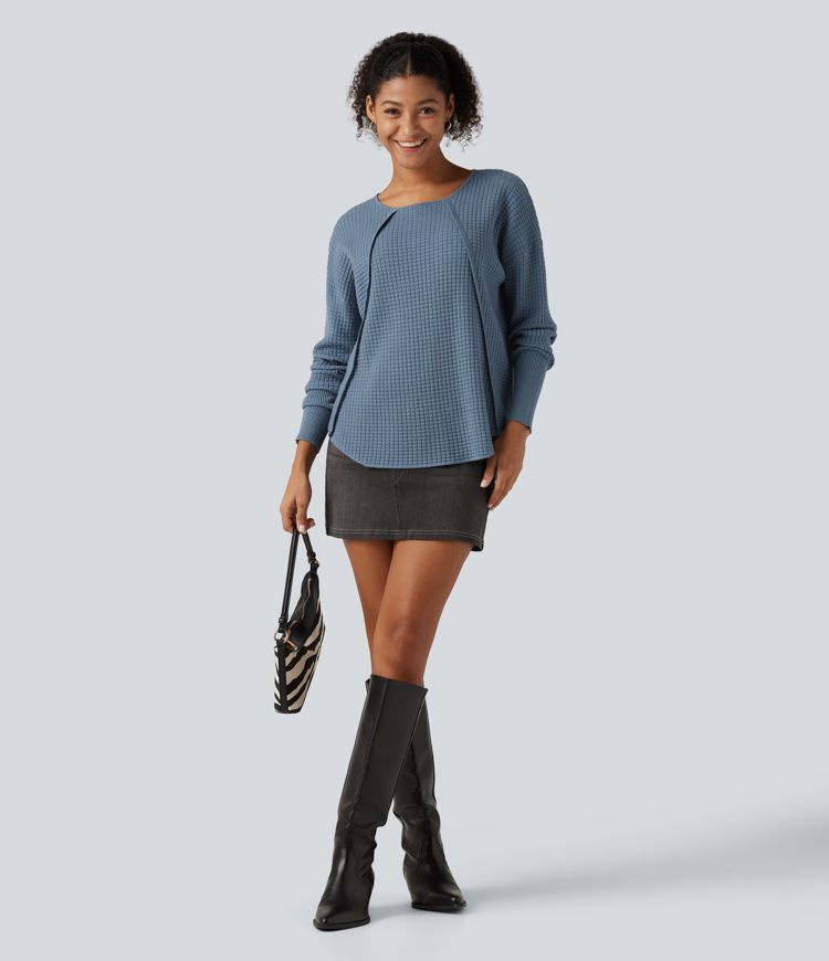 Round Neck Bishop Long Sleeve Curved Hem Casual Sweater Round Neck Bishop Long Sleeve Curved Hem Casual Sweater