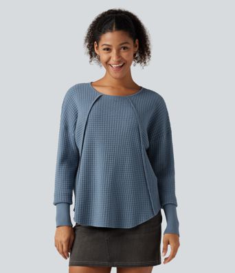 Round Neck Bishop Long Sleeve Curved Hem Casual Sweater Round Neck Bishop Long Sleeve Curved Hem Casual Sweater