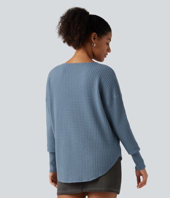 Round Neck Bishop Long Sleeve Curved Hem Casual Sweater Round Neck Bishop Long Sleeve Curved Hem Casual Sweater