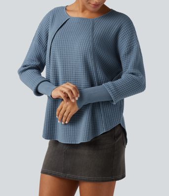 Round Neck Bishop Long Sleeve Curved Hem Casual Sweater Round Neck Bishop Long Sleeve Curved Hem Casual Sweater