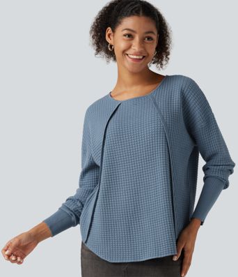 Round Neck Bishop Long Sleeve Curved Hem Casual Sweater Round Neck Bishop Long Sleeve Curved Hem Casual Sweater