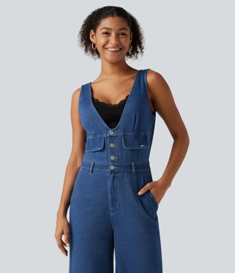 Halara Flex™ V Neck Wide Leg Denim Casual Jumpsuit with Pockets
