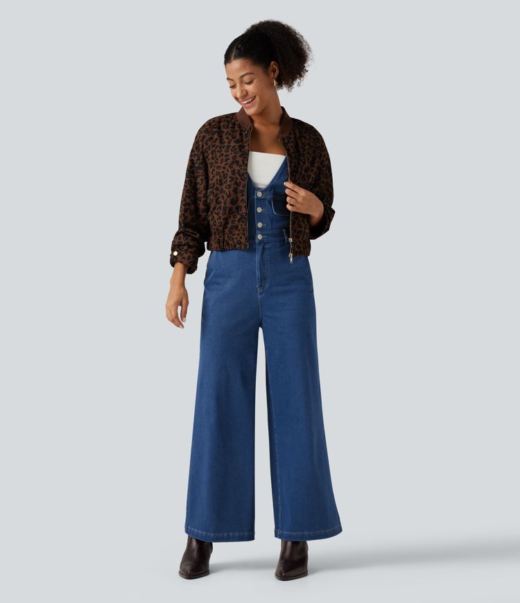 Halara Flex™ V Neck Wide Leg Denim Casual Jumpsuit with Pockets