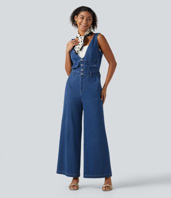 Halara Flex™ V Neck Wide Leg Denim Casual Jumpsuit with Pockets
