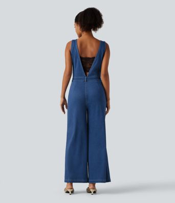 Halara Flex™ V Neck Wide Leg Denim Casual Jumpsuit with Pockets