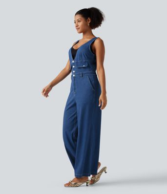 Halara Flex™ V Neck Wide Leg Denim Casual Jumpsuit with Pockets