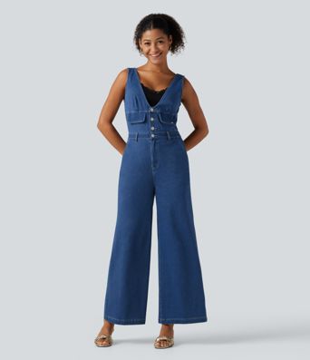 Halara Flex™ V Neck Wide Leg Denim Casual Jumpsuit with Pockets