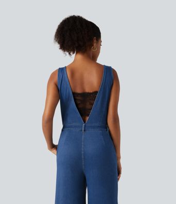 Halara Flex™ V Neck Wide Leg Denim Casual Jumpsuit with Pockets