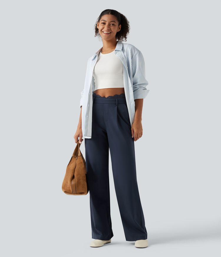 Halara Flex™ High Waisted Contrast Lace Straight Leg Work Pants with Pockets