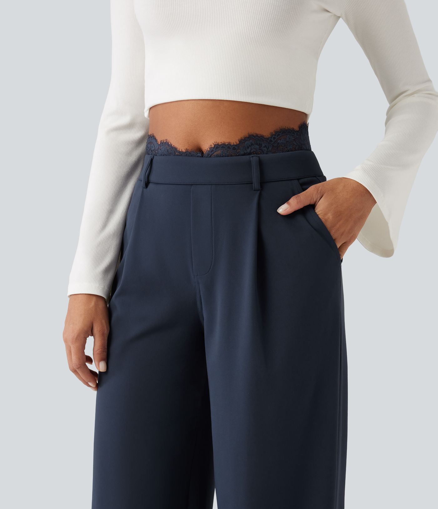 Halara Flex™ High Waisted Contrast Lace Straight Leg Work Pants with Pockets