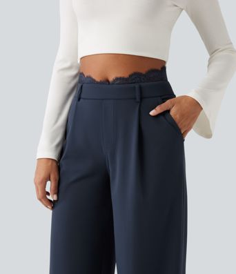 Halara Flex™ High Waisted Contrast Lace Straight Leg Work Pants with Pockets