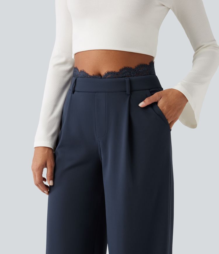Halara Flex™ High Waisted Contrast Lace Straight Leg Work Pants with Pockets