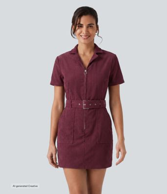 Kurzärmeliges Minikleid aus Cord mit Gürtel und Taschen Kurzärmeliges Minikleid aus Cord mit Gürtel und Taschen