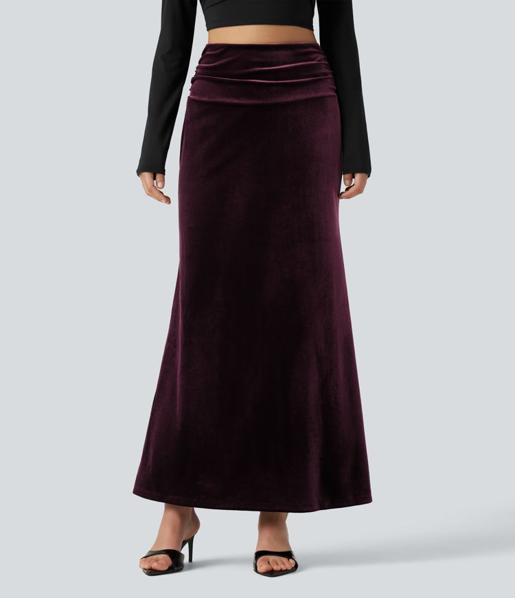 High Waisted Tummy Control Ruched Velvet Maxi Mermaid Skirt