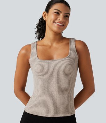 Ribbed Knit Square Neck Casual Tank Top