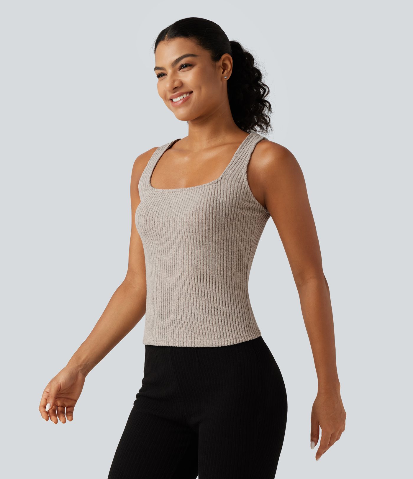 Ribbed Knit Square Neck Casual Tank Top