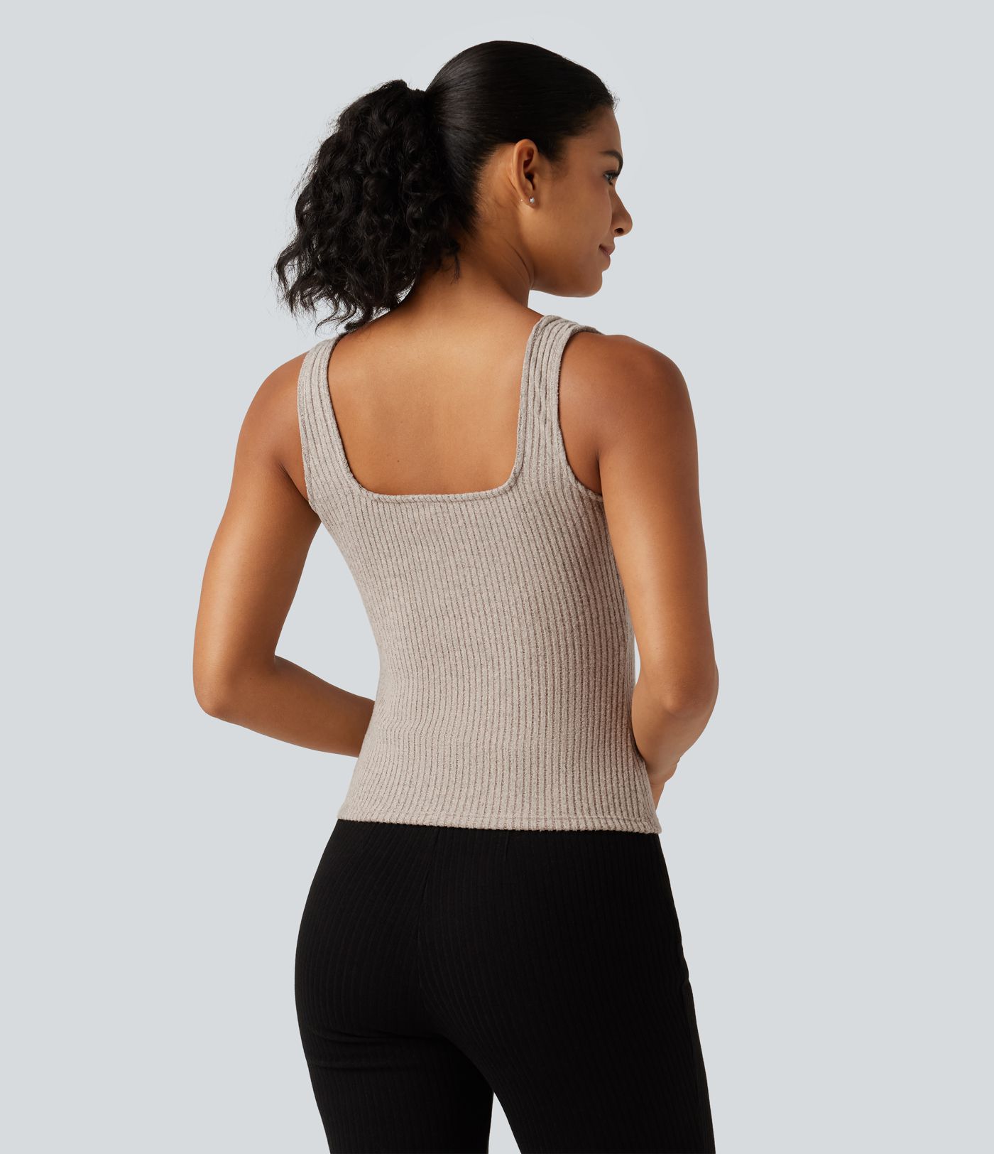 Ribbed Knit Square Neck Casual Tank Top