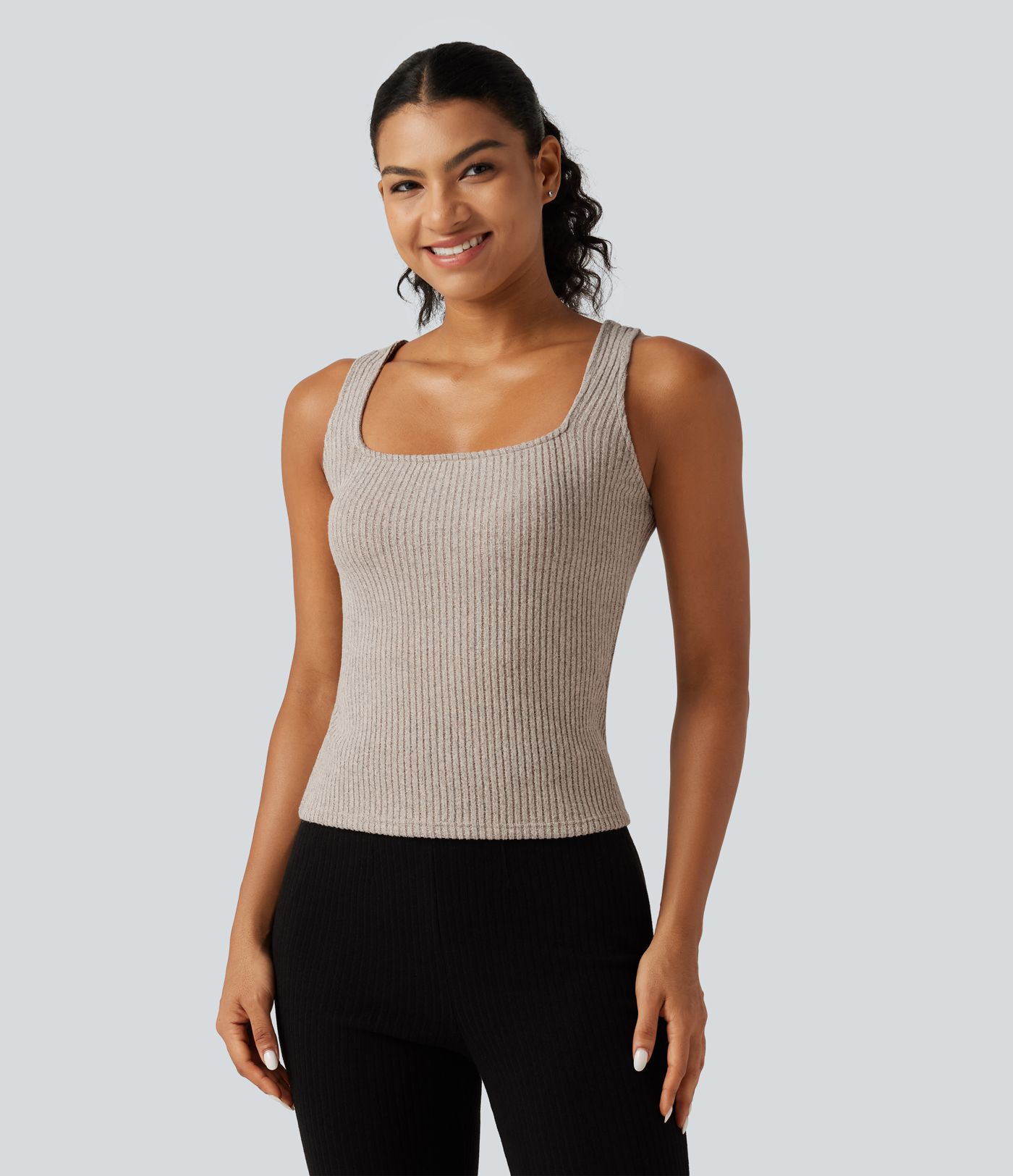 Ribbed Knit Square Neck Casual Tank Top