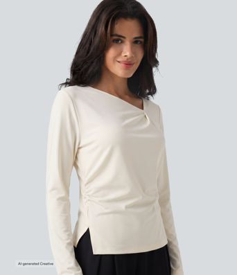 Asymmetric Cowl Neck Long Sleeve Ruched Slit Hem Work Blouse Asymmetric Cowl Neck Long Sleeve Ruched Slit Hem Work Blouse
