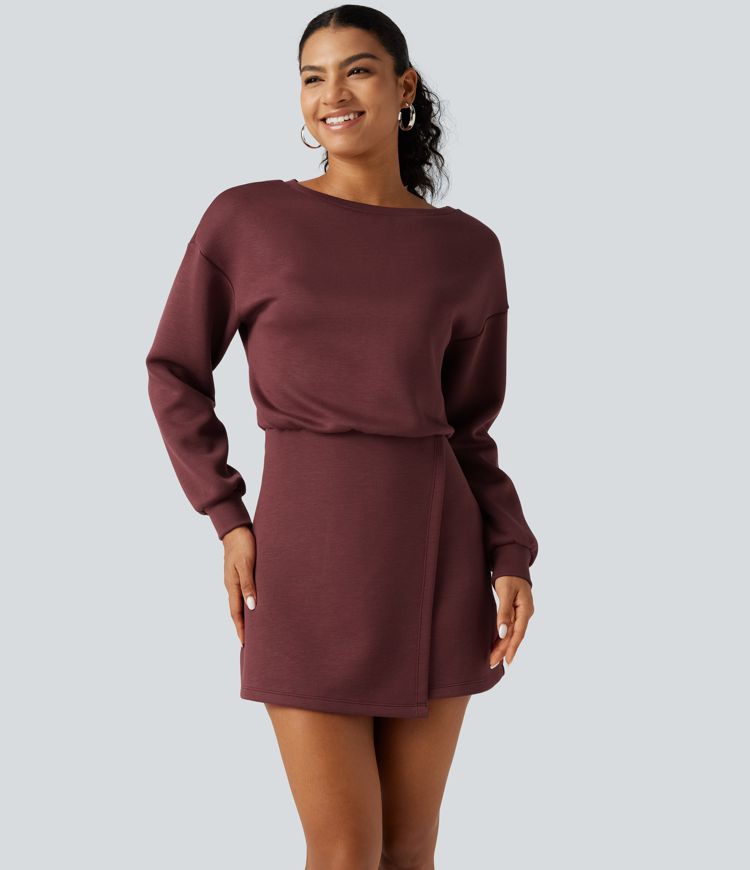 SpacerTek™ Boat Neck Long Sleeve Mini Casual Sweatshirt Dress